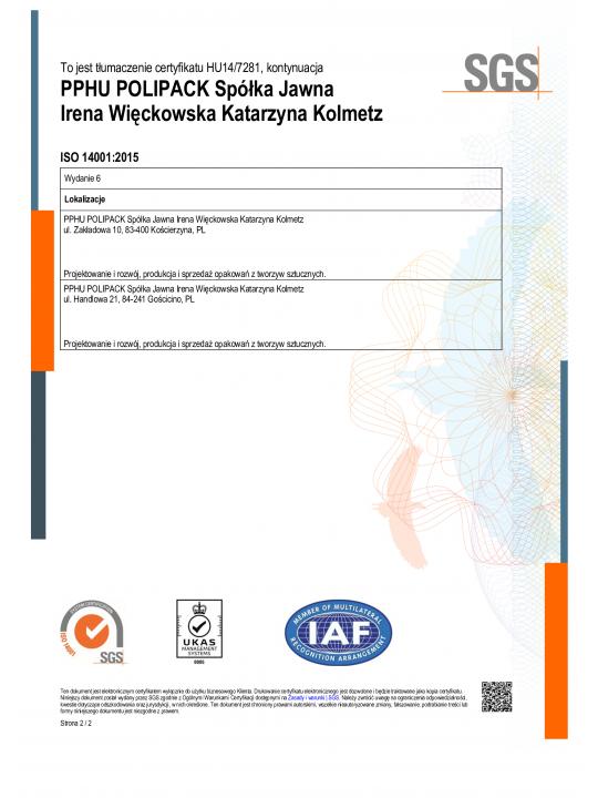 Certyfikat Zarządzania Środowiskowego ISO 14001:2015