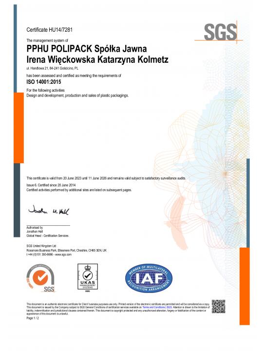 Umweltmanagementzertifikat ISO 14001:2015